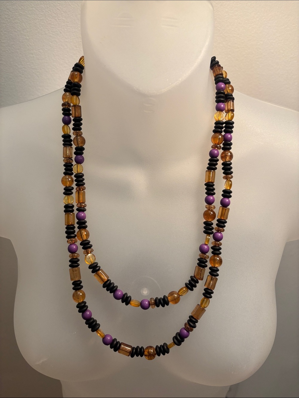 Vintage Amber, Purple & Black Double-Strand Beaded Necklace